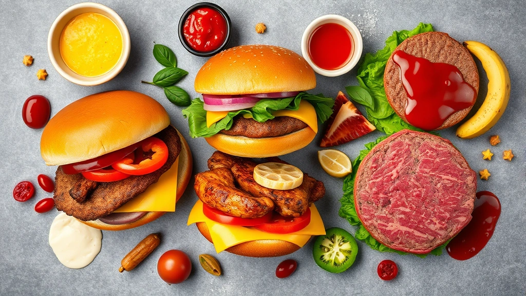 Flat lay composition of multiple international McDonald's items: Thai Samurai Pork burger, Brazilian tropical sauce chicken, European Wagyu beef patty, colorful sauces and fresh ingredients arranged artistically