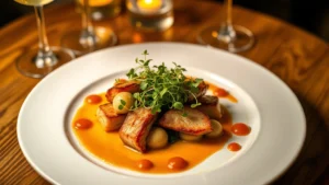 Overhead shot of elegant plated fine dining dish with microgreens, sauce artistry, and premium proteins on white ceramic plate with soft golden lighting and blurred wine glasses