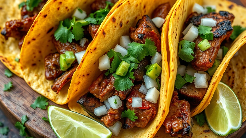 Vibrant close-up of authentic Mexican street tacos with charred corn tortillas, fresh cilantro, diced onions, lime wedges, and succulent slow-cooked meat on rustic wooden surface