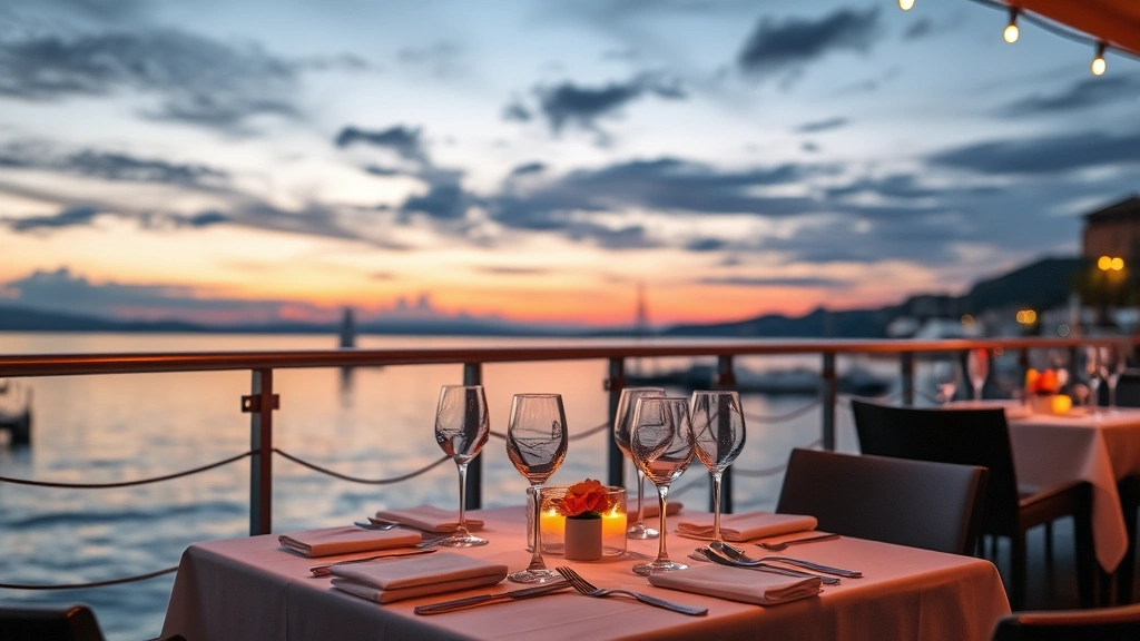 Serene waterfront restaurant scene at sunset with water reflections, elegant table settings, wine glasses, soft ambient lighting, and scenic overlook creating romantic dining atmosphere
