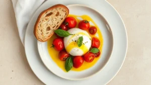 Overhead shot of perfectly plated burrata with roasted cherry tomatoes, basil oil drizzle, and crusty bread on white ceramic plate, warm natural lighting