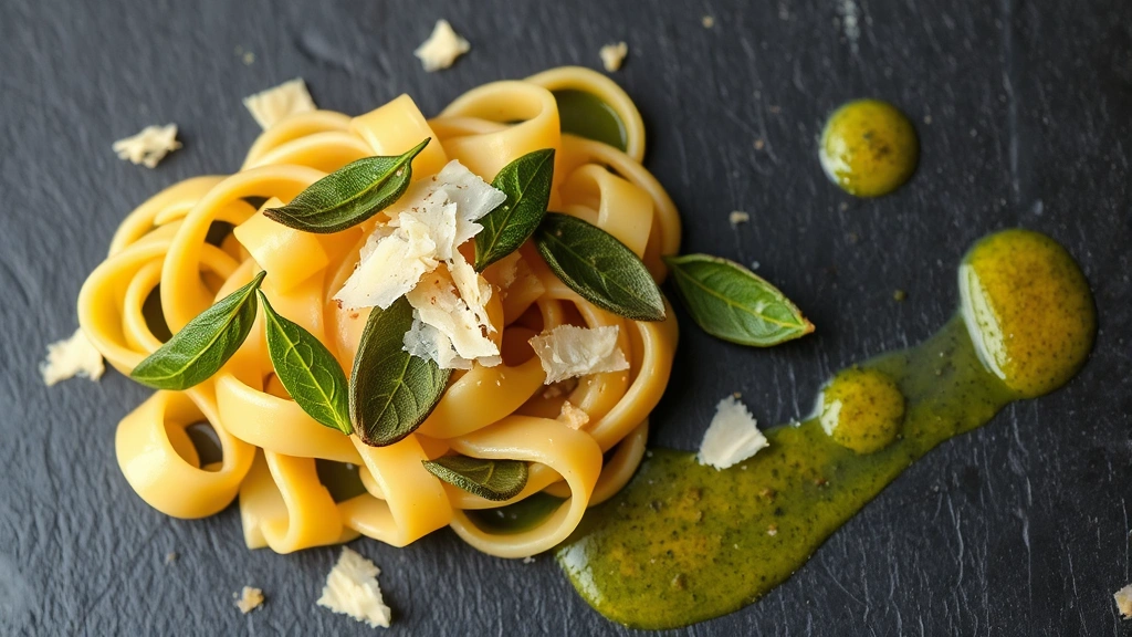 Artistic presentation of hand-rolled pasta with sage leaves, golden brown butter sauce, aged parmesan shavings, and fresh herbs on dark slate plate