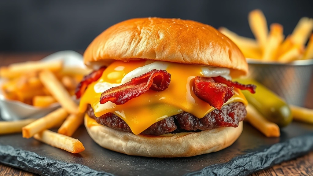Juicy cheeseburger with melted American cheese, crispy bacon strips, fried egg with runny yolk, caramelized onion strings on toasted brioche bun, served on dark slate with french fries and pickle spear