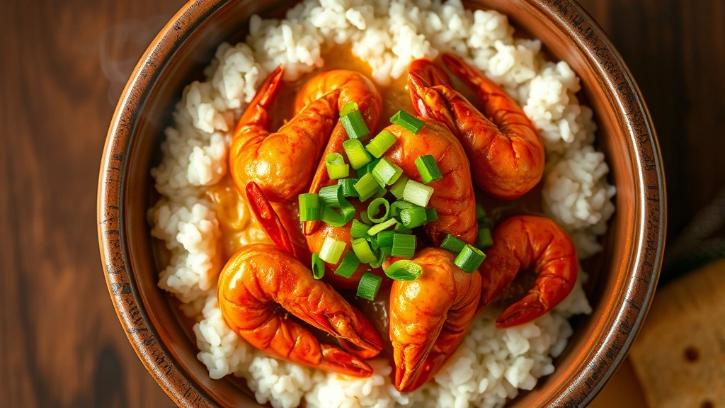 Overhead view of steaming bowl of crawfish étouffée with fluffy white rice, garnished with green onions and served in rustic ceramic bowl, warm golden lighting