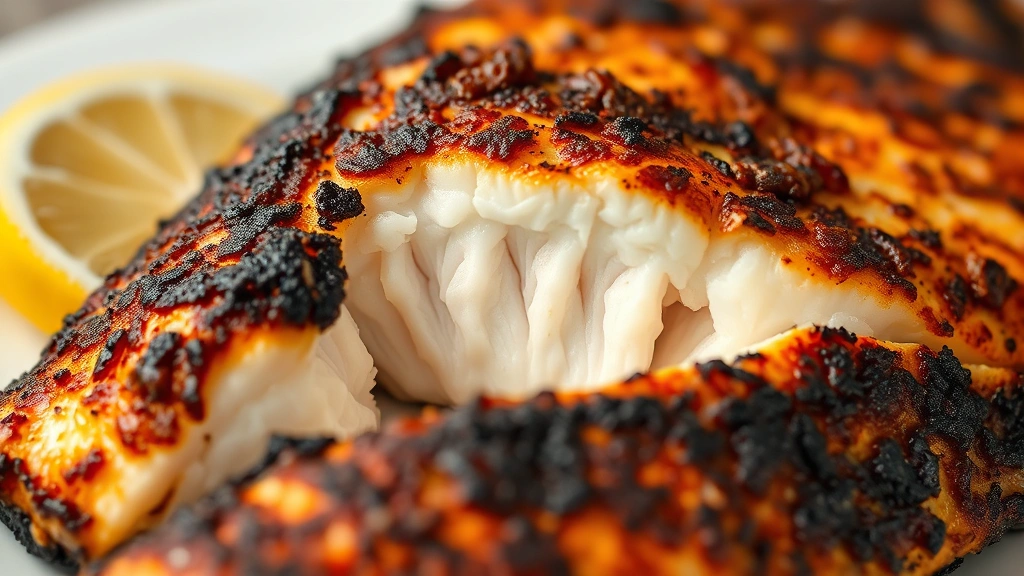 Close-up of perfectly blackened fish fillet with crispy charred crust, flaking to reveal moist tender white interior, fresh lemon wedge on side, professional plating