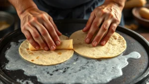 Close-up of hands expertly rolling fresh corn tortillas on a traditional comal griddle, steam rising, golden-brown spots visible, natural kitchen lighting, artisanal preparation focus