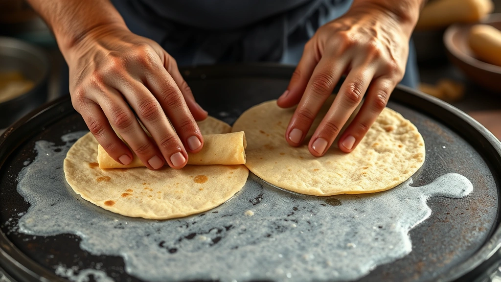 Close-up of hands expertly rolling fresh corn tortillas on a traditional comal griddle, steam rising, golden-brown spots visible, natural kitchen lighting, artisanal preparation focus