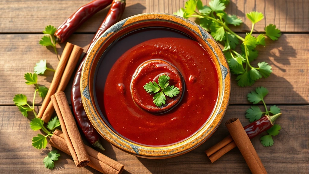 Vibrant overhead shot of authentic Mexican mole sauce in a rustic ceramic bowl surrounded by whole dried chiles, cinnamon sticks, and fresh cilantro, warm afternoon light streaming across wooden surface