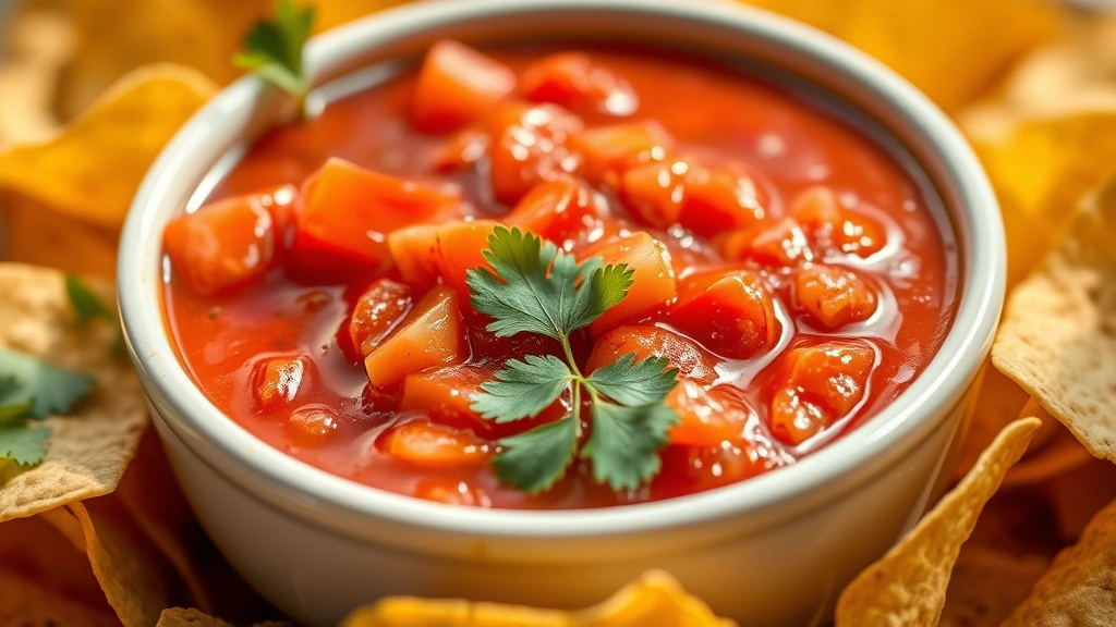 Close-up of vibrant red salsa in a white ceramic bowl with fresh cilantro garnish, surrounded by warm tortilla chips, natural sunlight highlighting the chunky tomato pieces and glistening sauce, shallow depth of field