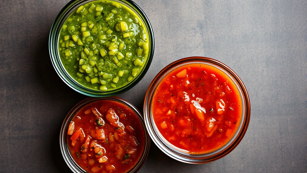 Flat lay overhead shot of three distinct salsa varieties in clear glass bowls—bright green salsa verde with tomatillos, deep red salsa roja, and smoky chipotle salsa, each with different textures and colors visible, professional food photography lighting