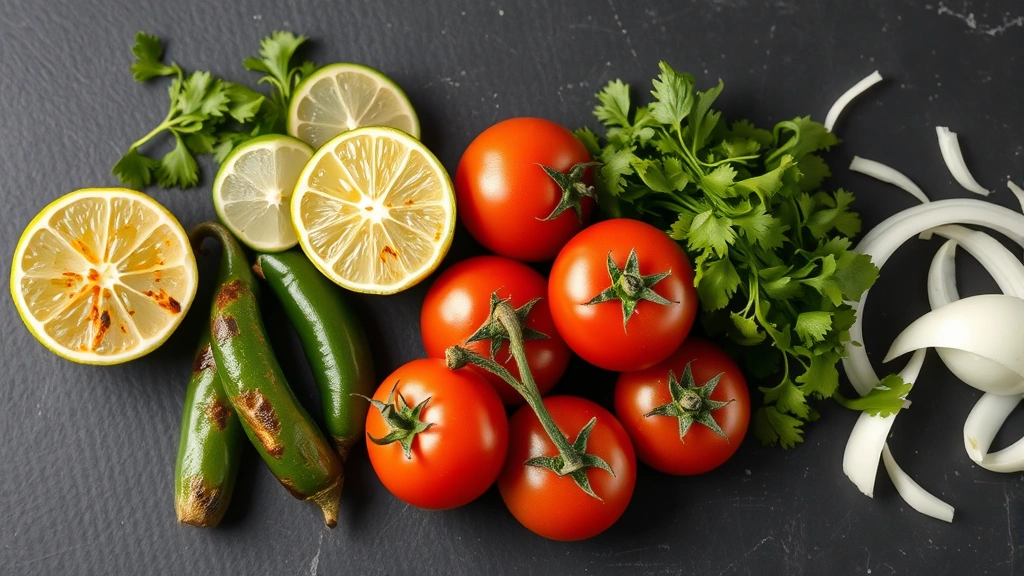 Action shot of fresh salsa ingredients being prepared—charred jalapeños, fresh lime halves, cilantro bunches, ripe tomatoes, and white onions arranged artfully on a dark slate surface with soft natural lighting emphasizing ingredient freshness and quality