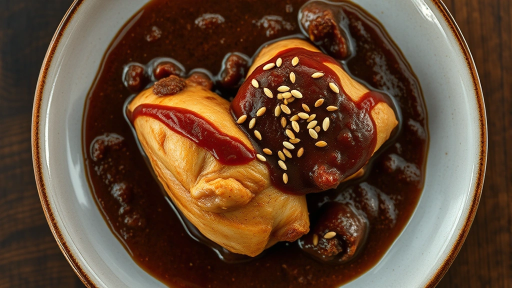Overhead shot of a plated mole negro dish with traditional Oaxacan presentation, rich mahogany sauce coating chicken, garnished with sesame seeds, warm lighting highlighting the sauce's depth and complexity