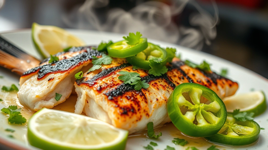 Close-up of grilled fish fillet with charred surface, finished with fresh lime juice, cilantro, and thin slices of jalapeño, steam rising from the plate, coastal market aesthetic