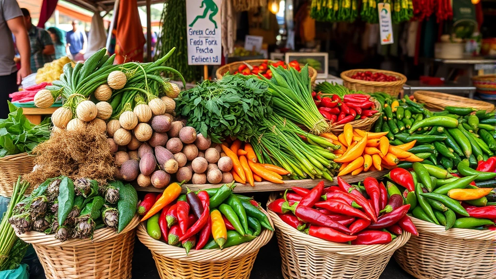 Vibrant market stall display of fresh huitlacoche, epazote herbs, and colorful Mexican chilies in woven baskets, natural morning light, authentic mercado atmosphere without visible text or signage