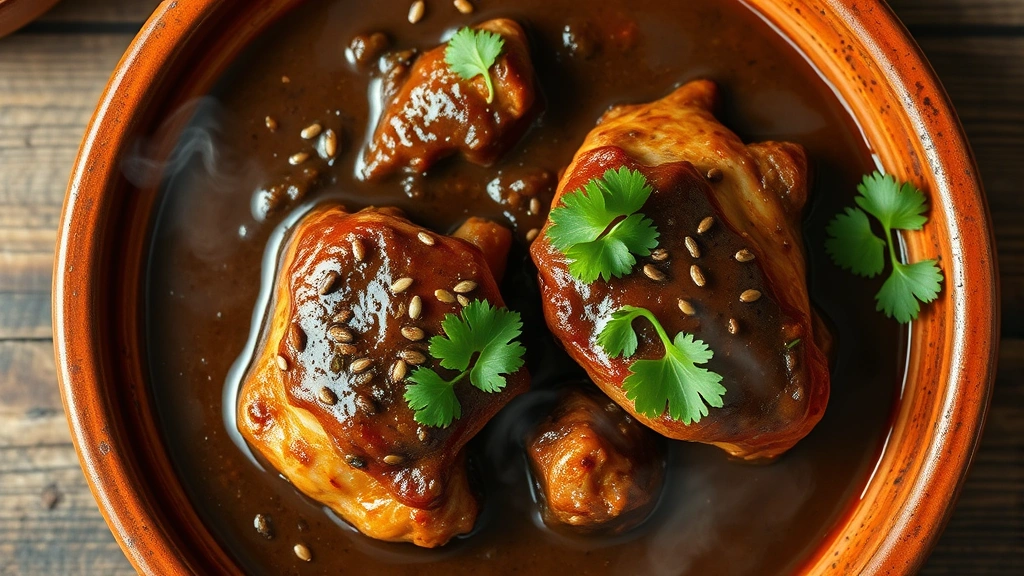 Vibrant overhead shot of traditional Mexican mole negro sauce coating tender braised chicken thighs, garnished with sesame seeds and fresh cilantro, steam rising, authentic clay plate, warm natural lighting, rustic wooden table surface