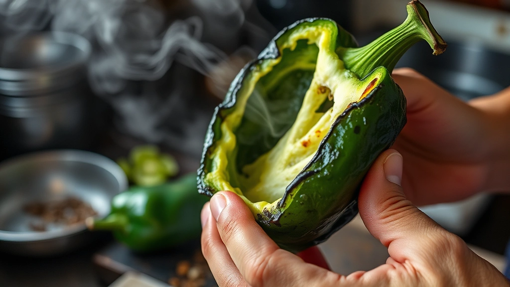 Close-up of freshly charred poblano pepper being hand-peeled, showing blackened skin and tender pale green flesh beneath, skilled hands visible, traditional Mexican kitchen environment, steam visible, natural daylight