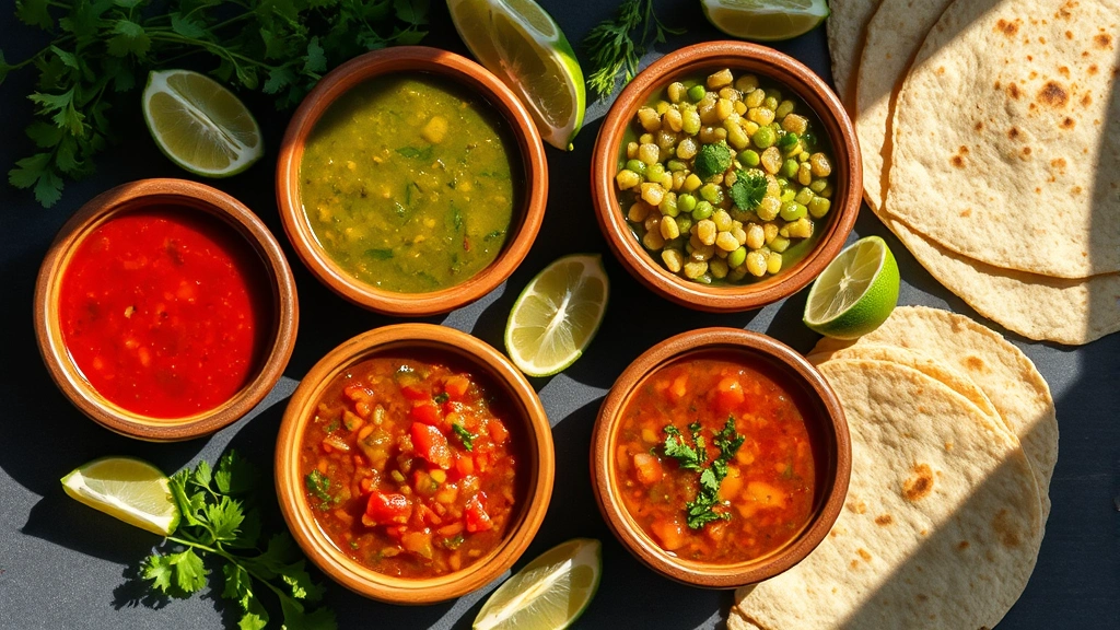 Artistic flat-lay composition of traditional Mexican salsas in small clay bowls: salsa roja, salsa verde, pico de gallo, and salsa macha, surrounded by fresh lime wedges, cilantro sprigs, and warm corn tortillas, natural light casting shadows