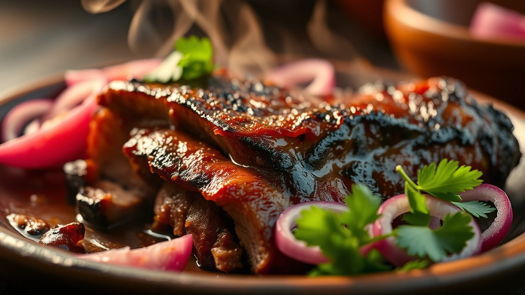 Close-up of sizzling Cochinita Pibil slow-roasted pork with charred caramelized edges, accompanied by pickled red onions and fresh cilantro on rustic ceramic plate, warm golden lighting highlighting steam rising from meat, shallow depth of field focusing on tender meat texture