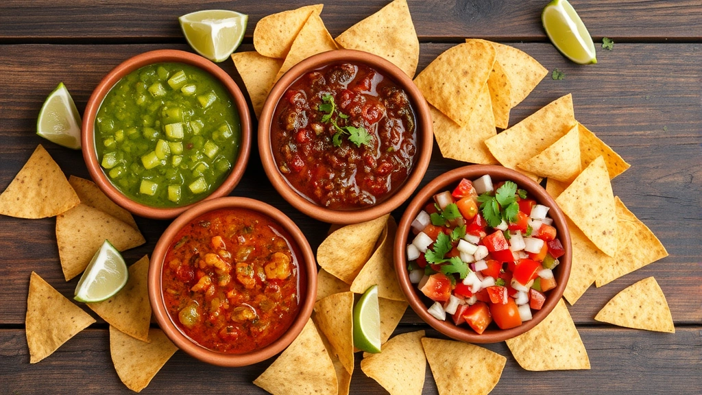 Flat lay of traditional Mexican salsas in three small clay bowls: bright green Salsa Verde with visible tomatillo chunks, deep red Salsa Roja with dried chile complexity, and fresh Pico de Gallo with tomato, onion, and cilantro texture, surrounded by crispy tortilla chips and lime wedges on rustic wooden surface