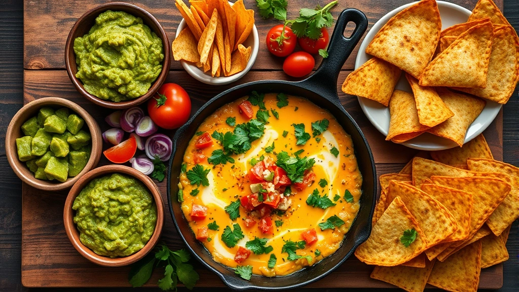 Overhead shot of colorful traditional Mexican appetizer spread including guacamole, salsa verde, queso fundido in cast iron, and crispy corn tostadas
