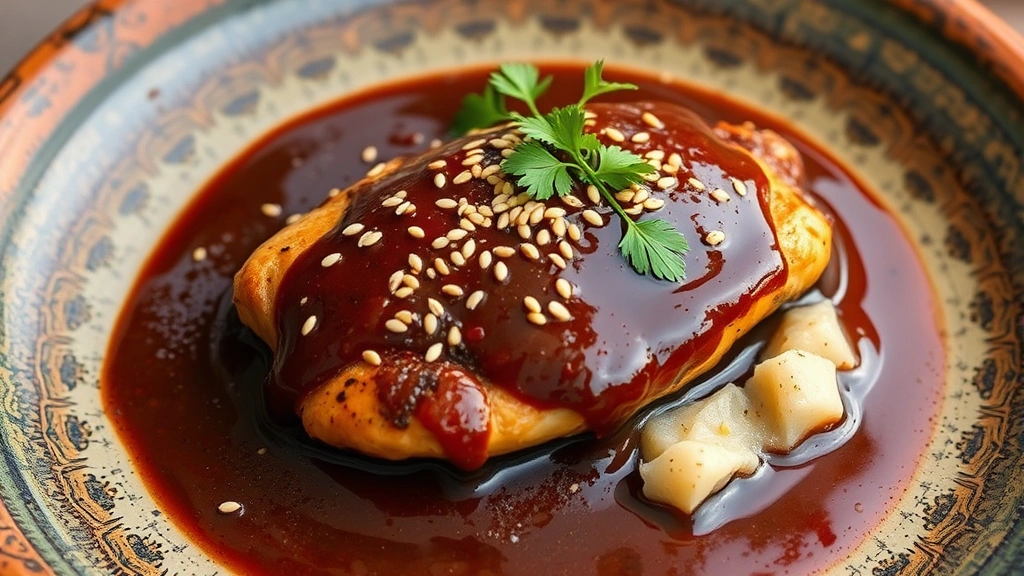 Artistic plating of mole negro sauce coating tender chicken breast, garnished with sesame seeds and fresh herbs on rustic pottery plate