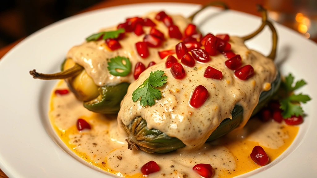 Vibrant plate of chiles rellenos with poblano pepper stuffed with cheese, covered in creamy walnut sauce and pomegranate seeds, fresh cilantro garnish, white plate, warm restaurant lighting