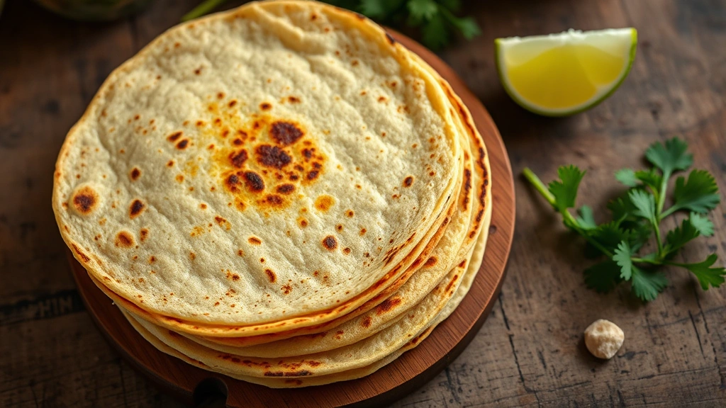 Overhead shot of handmade corn tortillas stacked warmly, steam rising, charred marks visible, rustic wooden table, fresh lime wedge and cilantro beside, authentic Mexican kitchen setting