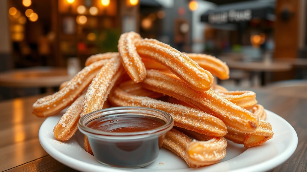 Close-up of churros dusted with cinnamon sugar piled on white plate, rich dark chocolate sauce in small bowl for dipping, warm golden-brown exterior, blurred restaurant ambiance background