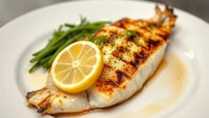 Fresh grilled Lake Michigan whitefish fillet with crispy skin, lemon wedge, and herb garnish on white plate, steam rising, professional restaurant plating