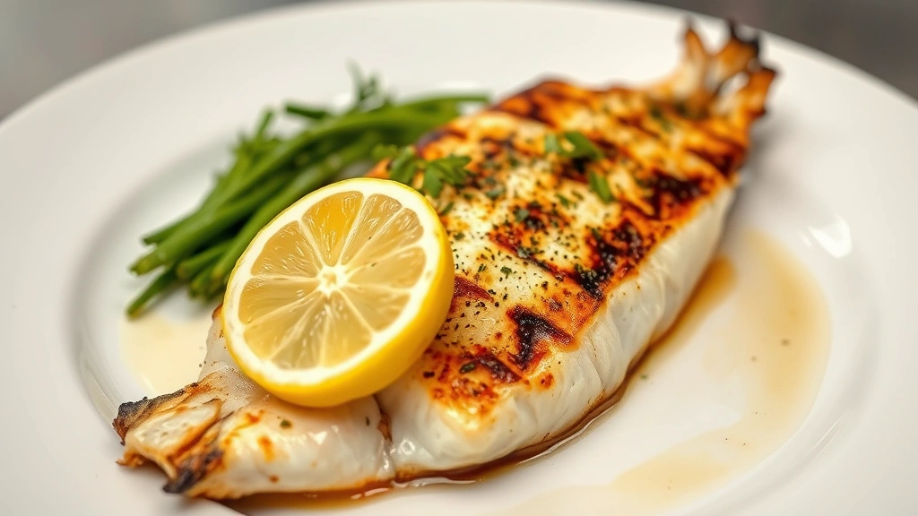 Fresh grilled Lake Michigan whitefish fillet with crispy skin, lemon wedge, and herb garnish on white plate, steam rising, professional restaurant plating