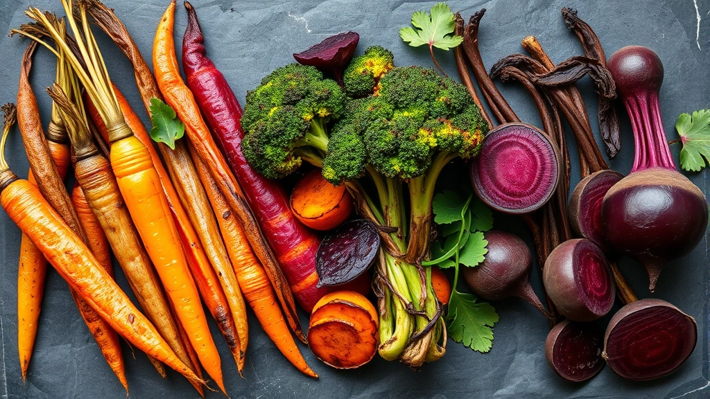 Colorful seasonal vegetables including roasted heirloom carrots, charred broccoli, and purple beets arranged artfully on slate, farm-fresh produce presentation