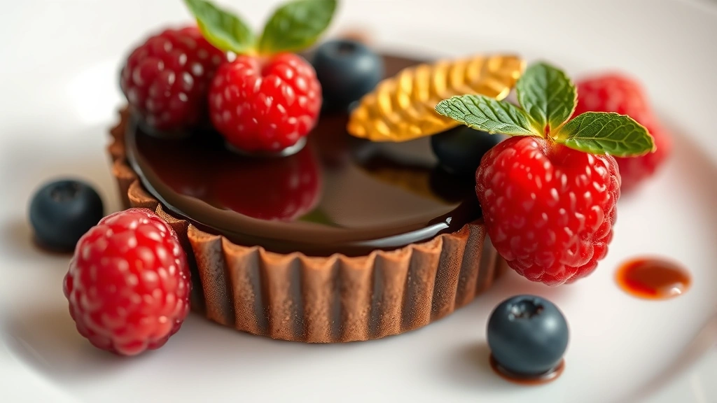 Elegant chocolate tart dessert with dark glossy filling, fresh berries, gold leaf accent, and white plate, fine dining plating with shallow depth of field