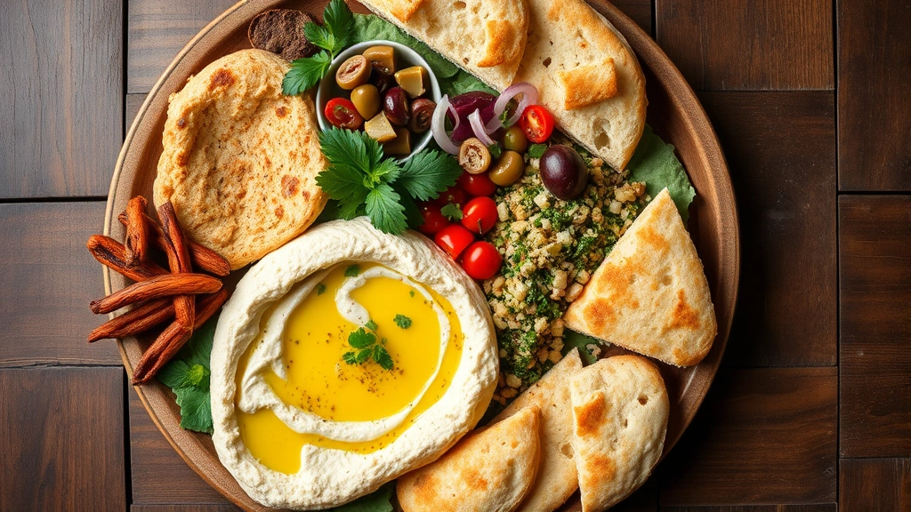 Overhead view of vibrant mezze platter featuring hummus, baba ganoush, tabbouleh salad, fresh herbs, olives, and warm pita bread with olive oil drizzle on rustic wooden table