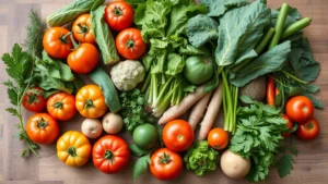 Overhead flat lay of farm-fresh seasonal vegetables including heirloom tomatoes, leafy greens, root vegetables, and fresh herbs arranged on wooden surface with natural morning light
