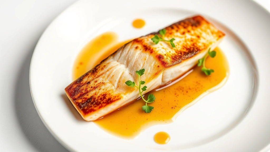 Beautifully plated fine dining dish featuring perfectly seared fish fillet with brown butter sauce, microgreens, and artistic sauce work on white porcelain plate