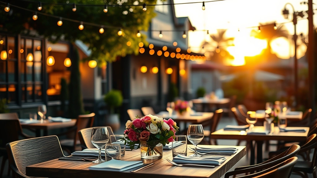 Rustic outdoor patio dining scene at golden hour with set tables, string lights, fresh flowers in center, and blurred restaurant building in warm evening light