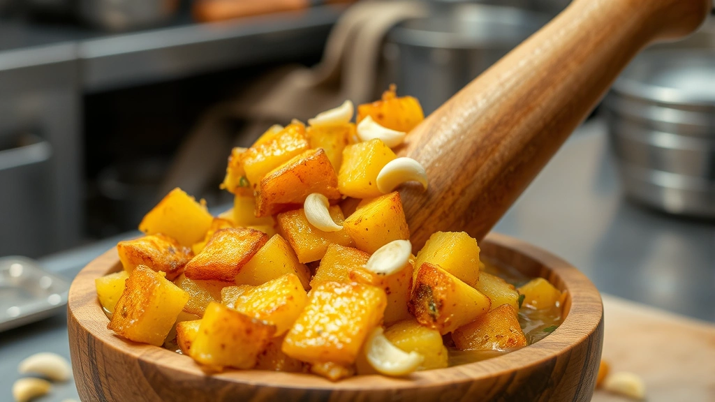 Golden-fried plantain pieces being mashed in a wooden mortar with fresh garlic cloves and olive oil, steam rising, professional kitchen setting