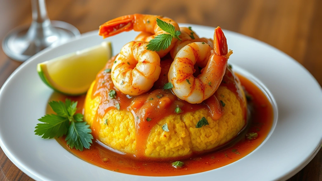 Perfectly plated mofongo dome topped with succulent garlic shrimp in rich sauce, lime wedge beside, restaurant presentation with Caribbean garnish