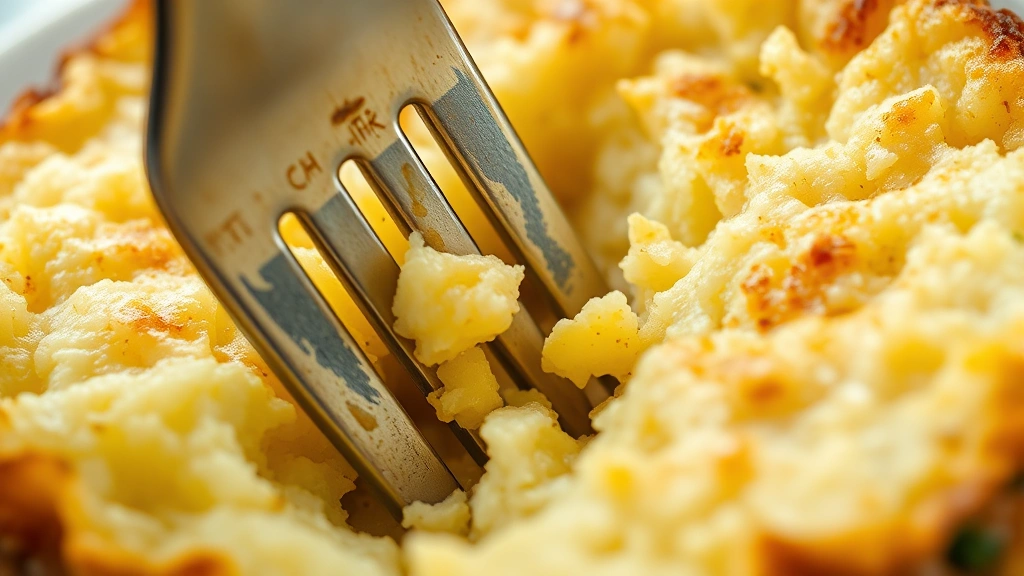 Close-up cross-section of mofongo showing creamy interior texture with golden fried edges, fork breaking through, natural lighting highlighting garlic flecks