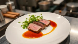 Fine plated dish with perfectly seared duck breast, vibrant microgreens, and glossy sauce reduction on white ceramic plate, professional restaurant kitchen lighting, overhead shot