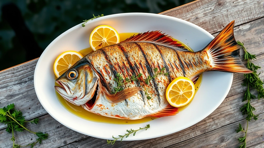 Overhead view of whole grilled Mediterranean fish with lemon slices and olive oil drizzle on white plate, fresh herbs scattered around, waterfront restaurant setting in soft natural light