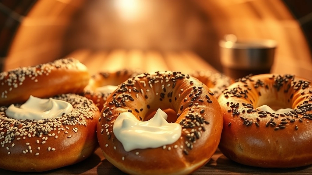 Artfully arranged Montreal bagels with cream cheese varieties, sesame seeds glistening, wood-fired oven interior blurred in background, warm golden lighting, close-up food photography