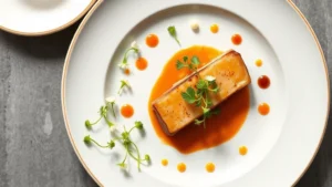 Overhead shot of artfully plated fine dining dish with microgreens, sauce dots, and premium protein on white ceramic plate with subtle garnish shadows