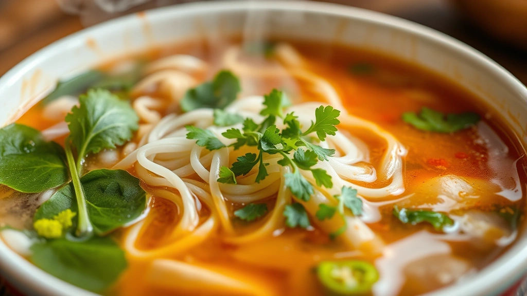 Close-up of steaming Vietnamese pho bowl with aromatic broth, fresh herb garnish, rice noodles, and steam rising, showing vibrant colors and depth