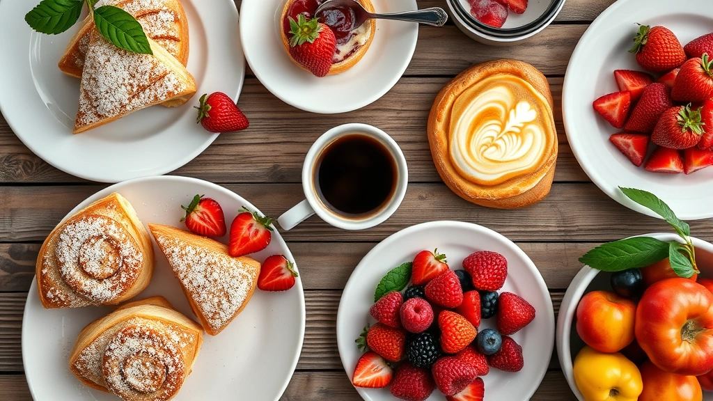 Overhead flat lay of gourmet brunch spread featuring pastries, fresh berries, espresso cup with latte art, and colorful fruit on rustic wooden table