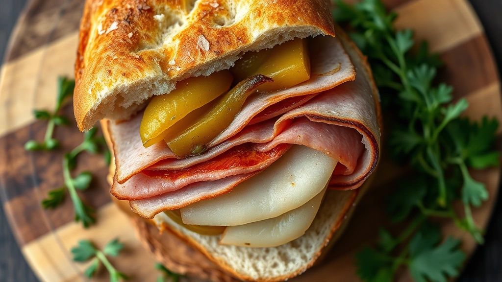 Close-up overhead shot of a gourmet sandwich cross-section showing layers of cured pork, pickled vegetables, and house-made bread with golden-brown crust, artfully arranged on a wooden board with fresh herbs scattered around