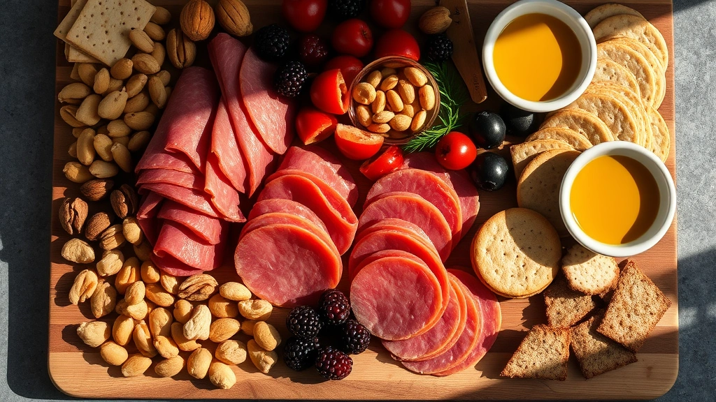 Flat lay composition of a charcuterie board featuring sliced cured meats in various shades of mahogany and rose, nuts, fresh berries, crackers, and small ceramic bowls of mustard, styled with natural lighting casting subtle shadows