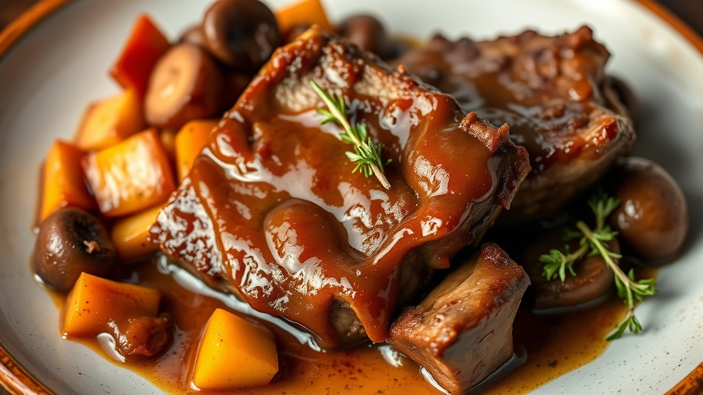 Plated autumn braised short ribs with glossy reduction sauce, surrounded by roasted root vegetables and mushrooms, garnished with fresh thyme, photographed with warm side lighting highlighting the meat's tender texture