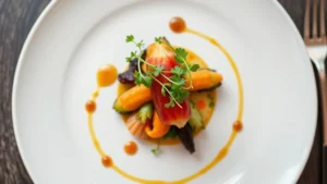 Overhead shot of elegant plated fine dining dish with microgreens, colorful seasonal vegetables, and artistic sauce drizzle on white ceramic plate, professional restaurant photography