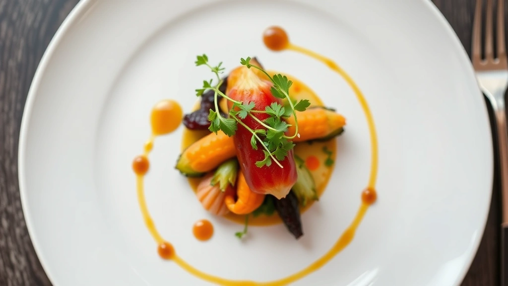 Overhead shot of elegant plated fine dining dish with microgreens, colorful seasonal vegetables, and artistic sauce drizzle on white ceramic plate, professional restaurant photography